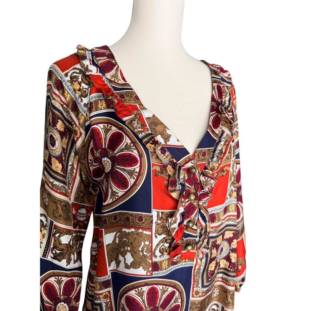 Skirtin Around Womens Red Navy Gold Scarf Print Ruffle V-Neck Silk Blouse Size 8